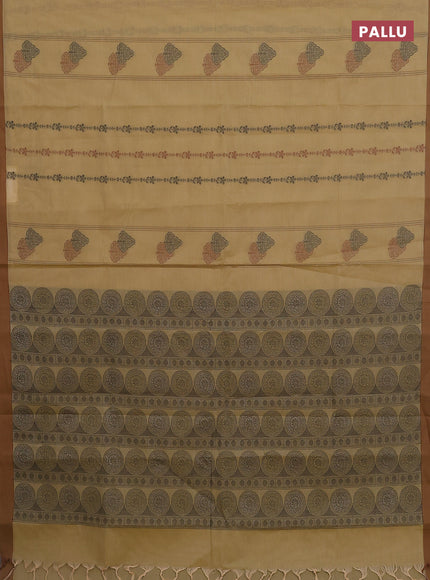 Nithyam cotton saree elaichi green and brown with allover thread weaves & buttas and simple border