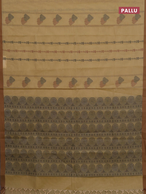 Nithyam cotton saree elaichi green and brown with allover thread weaves & buttas and simple border