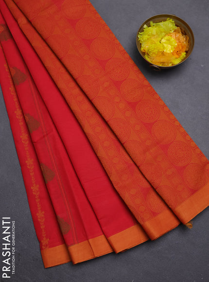 Nithyam cotton saree red and yellow with allover thread weaves & buttas and simple border