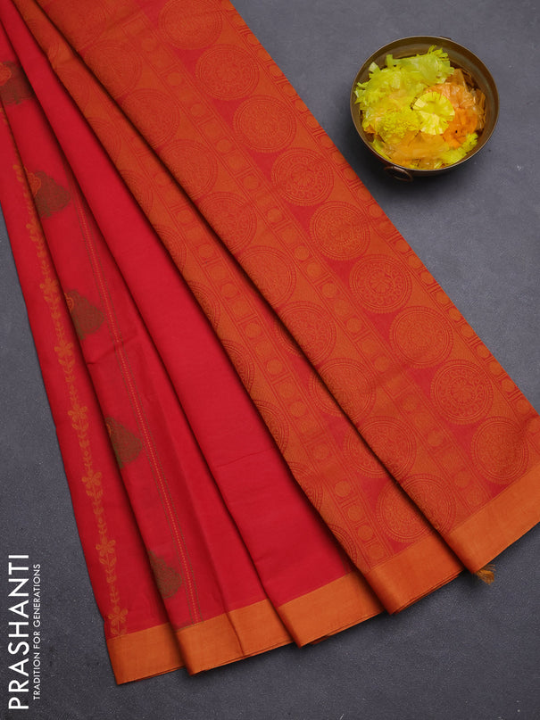 Nithyam cotton saree red and yellow with allover thread weaves & buttas and simple border