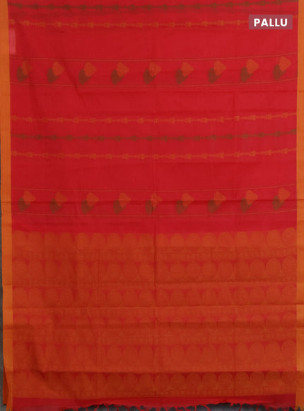 Nithyam cotton saree red and yellow with allover thread weaves & buttas and simple border