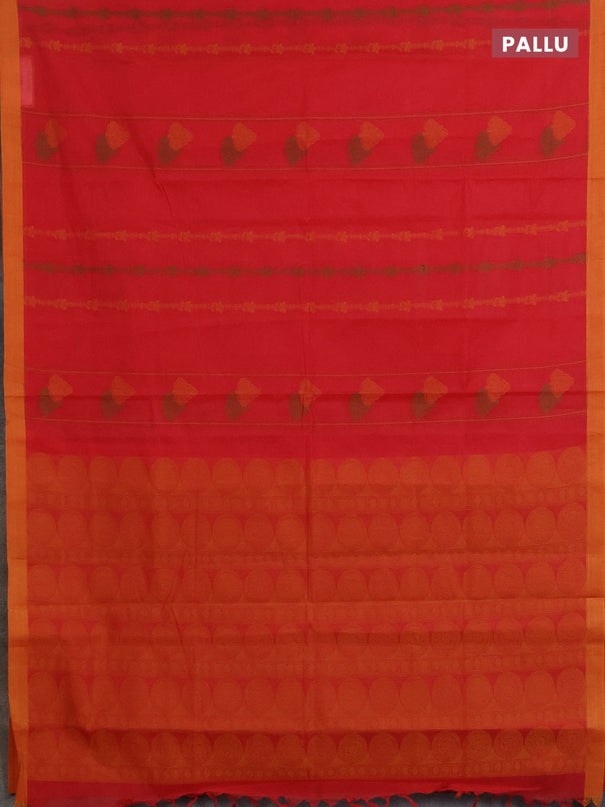 Nithyam cotton saree red and yellow with allover thread weaves & buttas and simple border