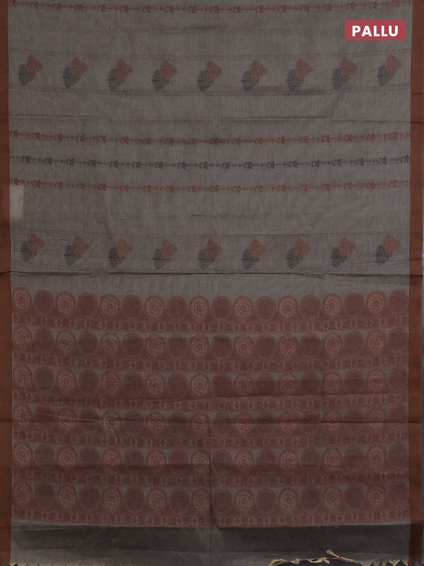 Nithyam cotton saree grey shade and brown with allover thread weaves & buttas and simple border