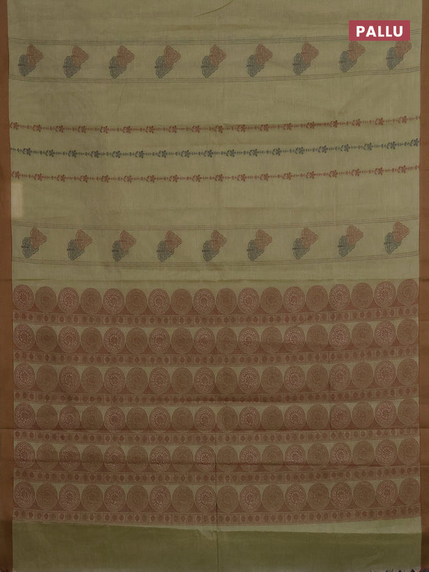 Nithyam cotton saree pastel green and brown with allover thread weaves & buttas and simple border