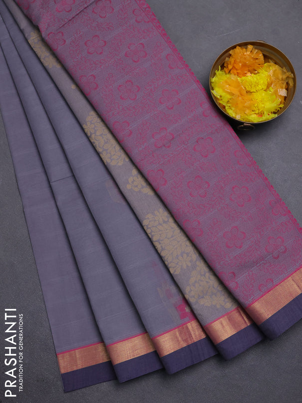 Nithyam cotton saree grey with allover thread weaves & buttas and zari woven simple border