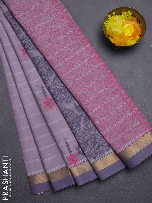 Nithyam cotton saree lavender shade and gery with allover thread weaves & buttas and zari woven simple border