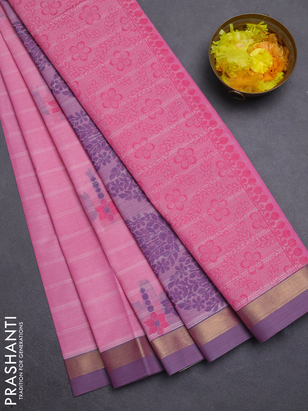 Nithyam cotton saree pink and grey with allover thread weaves & buttas and zari woven simple border