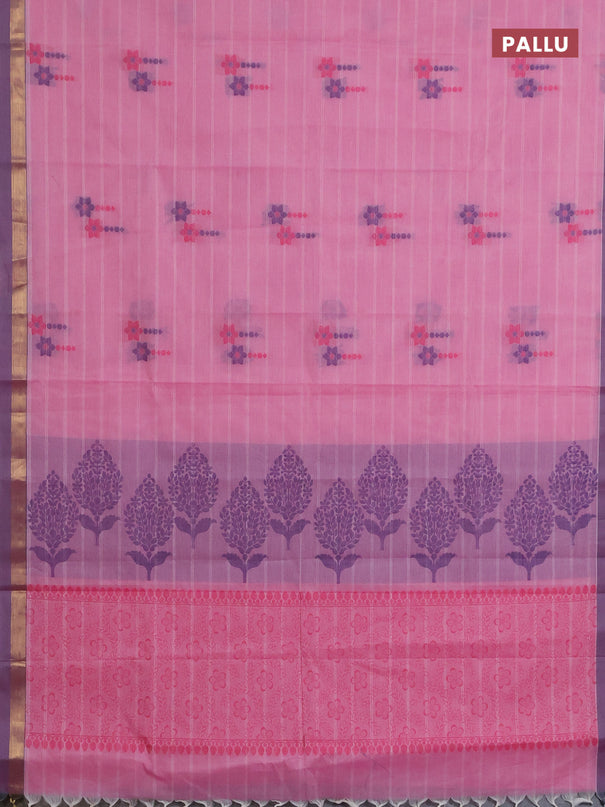 Nithyam cotton saree pink and grey with allover thread weaves & buttas and zari woven simple border