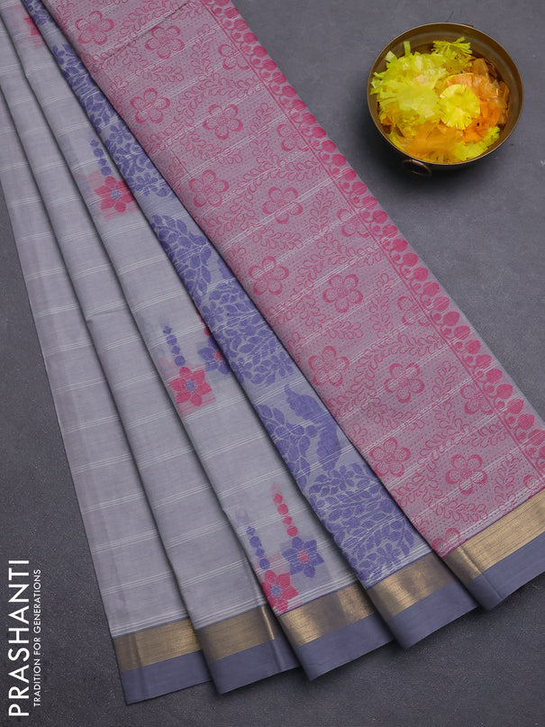 Nithyam cotton saree grey shade with allover thread weaves & buttas and zari woven simple border
