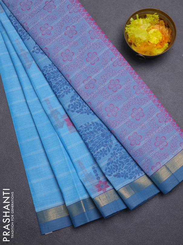 Nithyam cotton saree teal blue with allover thread weaves & buttas and zari woven simple border