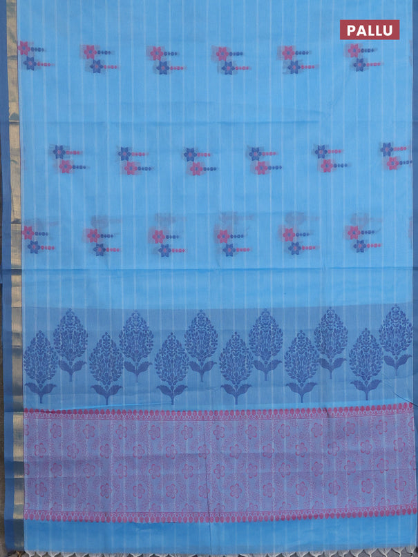 Nithyam cotton saree teal blue with allover thread weaves & buttas and zari woven simple border