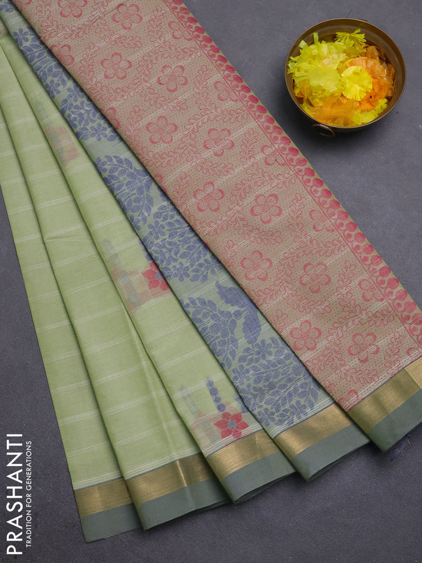 Nithyam cotton saree pista green with allover thread weaves & buttas and zari woven simple border