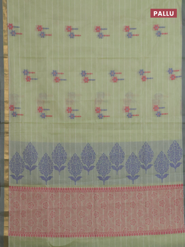 Nithyam cotton saree pista green with allover thread weaves & buttas and zari woven simple border
