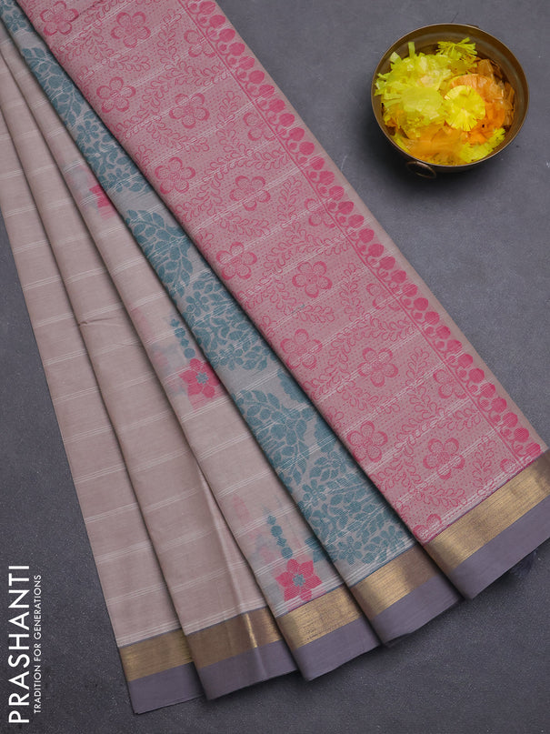 Nithyam cotton saree beige with allover thread weaves & buttas and zari woven simple border