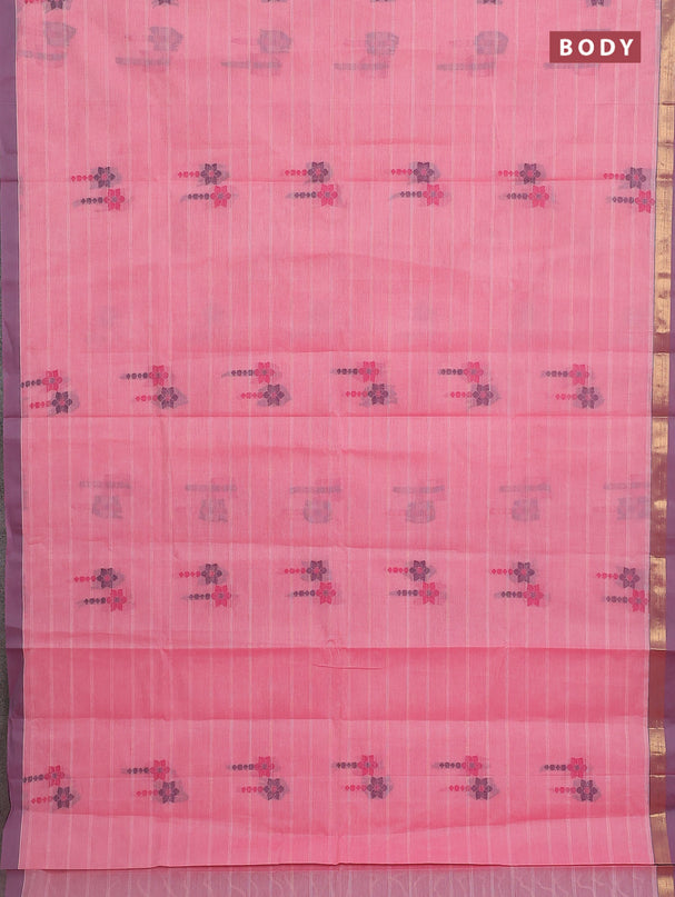 Nithyam cotton saree reddish pink with allover thread weaves & buttas and zari woven simple border