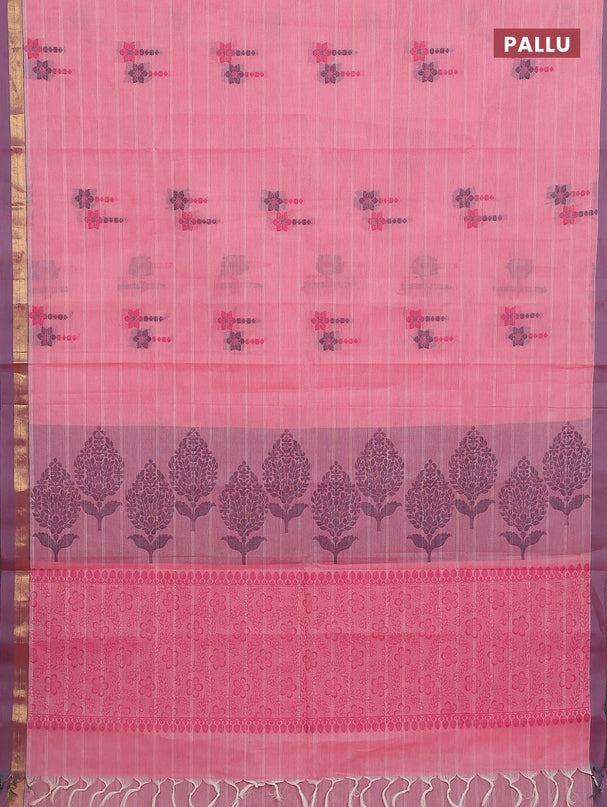 Nithyam cotton saree reddish pink with allover thread weaves & buttas and zari woven simple border