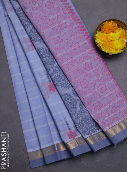 Nithyam cotton saree blue shade with allover thread weaves & buttas and zari woven simple border