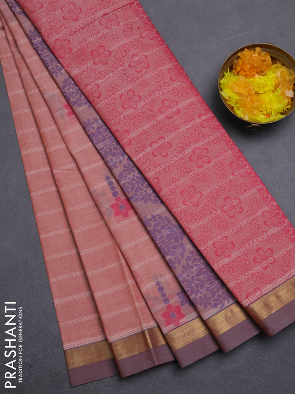 Nithyam cotton saree rust shade and dual shade of grey with allover thread weaves & buttas and zari woven simple border