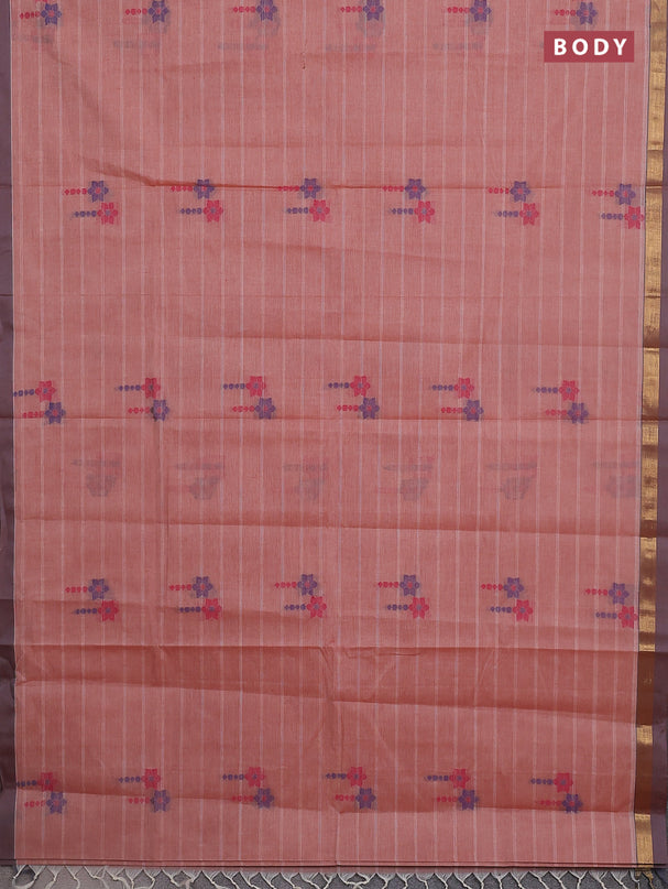 Nithyam cotton saree rust shade and dual shade of grey with allover thread weaves & buttas and zari woven simple border