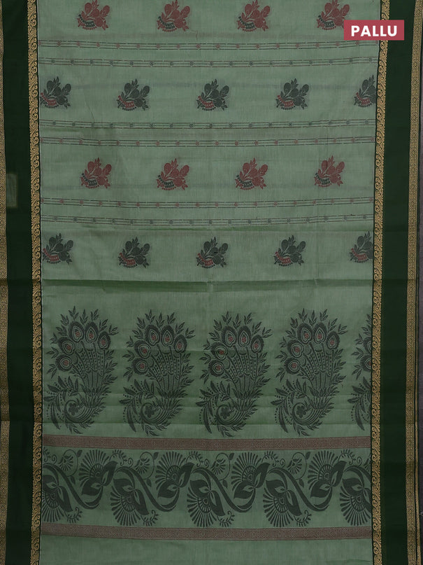 Nithyam cotton saree pastel green and green with allover thread woven stripes pattern & buttas and zari woven simple border