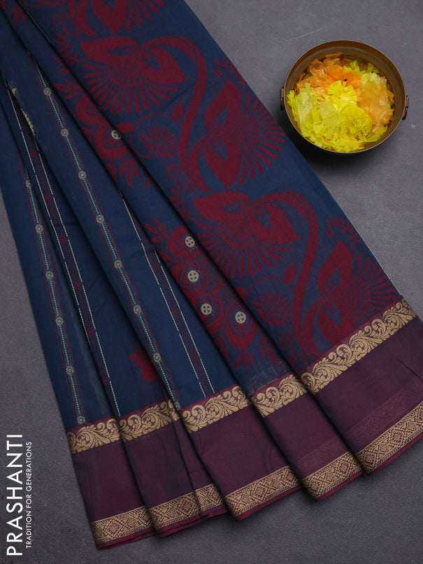 Nithyam cotton saree peacock blue and maroon with allover thread woven stripes pattern & buttas and rettapet thread woven border