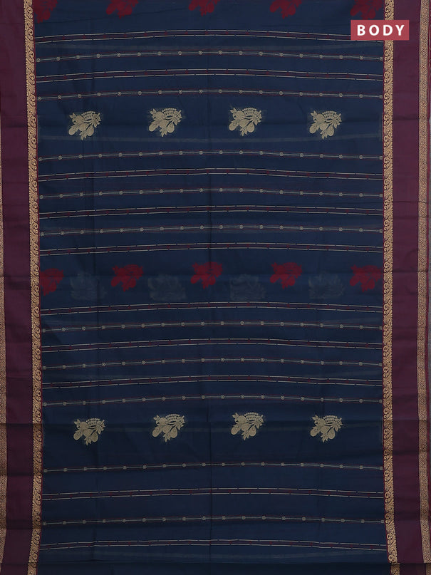 Nithyam cotton saree peacock blue and maroon with allover thread woven stripes pattern & buttas and rettapet thread woven border