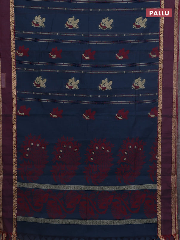 Nithyam cotton saree peacock blue and maroon with allover thread woven stripes pattern & buttas and rettapet thread woven border