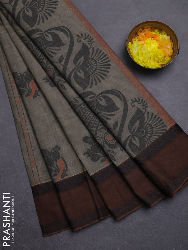 Nithyam cotton saree chikku shade and brown with allover thread woven stripes pattern & buttas and rettapet thread woven border