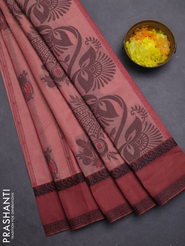 Nithyam cotton saree peach and brown with allover thread woven stripes pattern & buttas and rettapet thread woven border