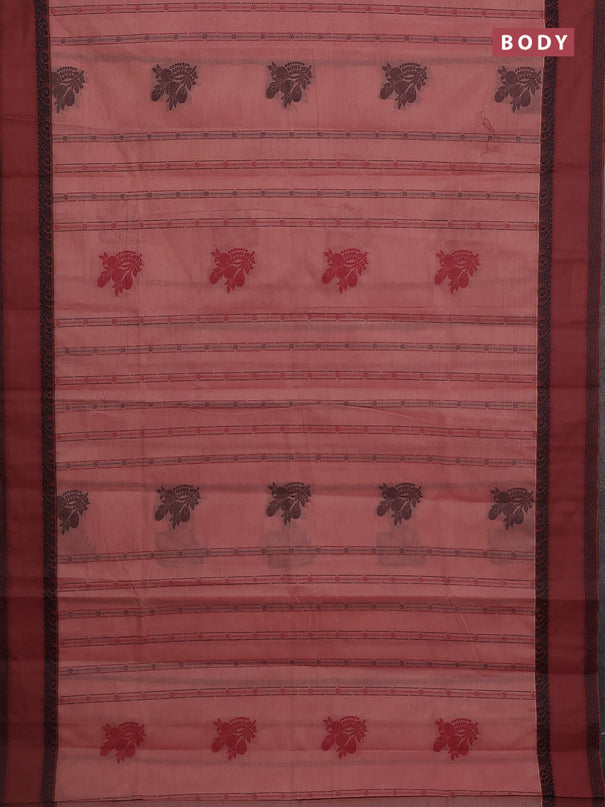 Nithyam cotton saree peach and brown with allover thread woven stripes pattern & buttas and rettapet thread woven border