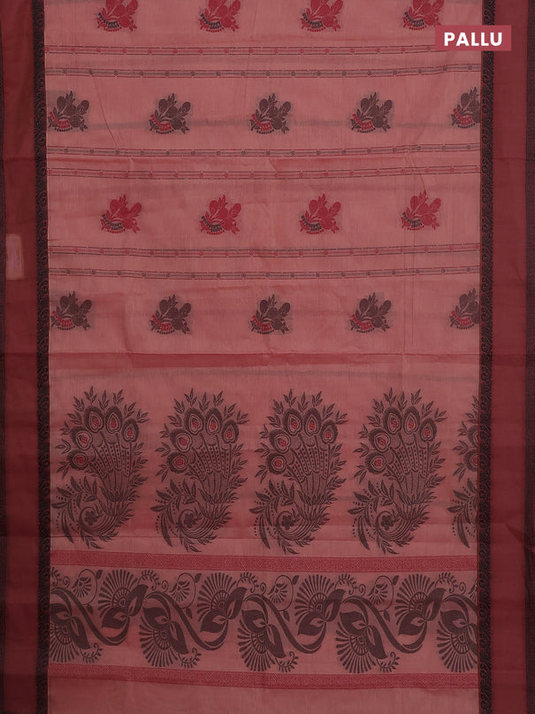 Nithyam cotton saree peach and brown with allover thread woven stripes pattern & buttas and rettapet thread woven border