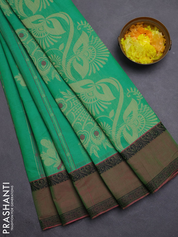 Nithyam cotton saree green and pink with allover thread woven stripes pattern & buttas and rettapet thread woven border