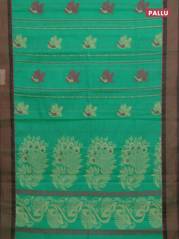Nithyam cotton saree green and pink with allover thread woven stripes pattern & buttas and rettapet thread woven border