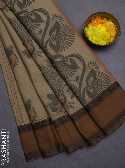 Nithyam cotton saree elaichi green and brown with allover thread woven stripes pattern & buttas and rettapet thread woven border