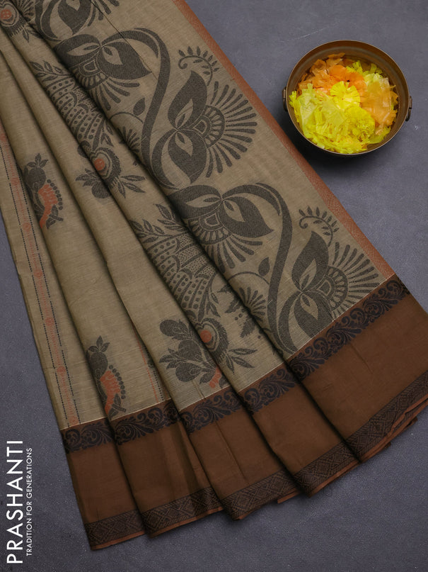Nithyam cotton saree elaichi green and brown with allover thread woven stripes pattern & buttas and rettapet thread woven border