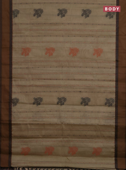 Nithyam cotton saree elaichi green and brown with allover thread woven stripes pattern & buttas and rettapet thread woven border