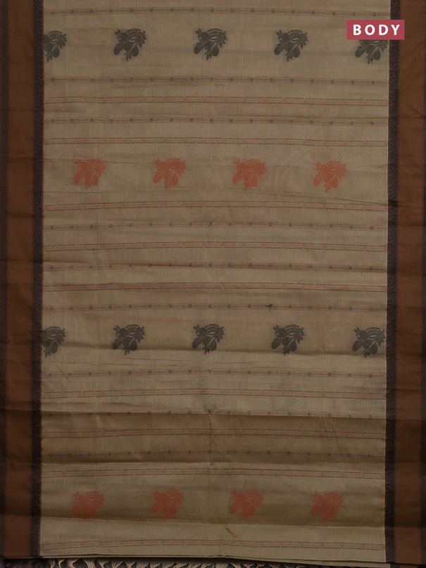 Nithyam cotton saree elaichi green and brown with allover thread woven stripes pattern & buttas and rettapet thread woven border