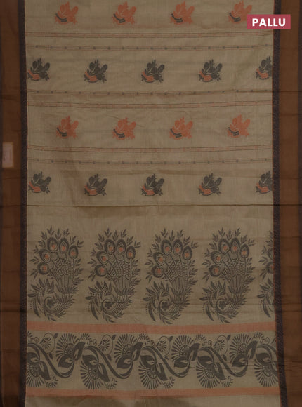 Nithyam cotton saree elaichi green and brown with allover thread woven stripes pattern & buttas and rettapet thread woven border