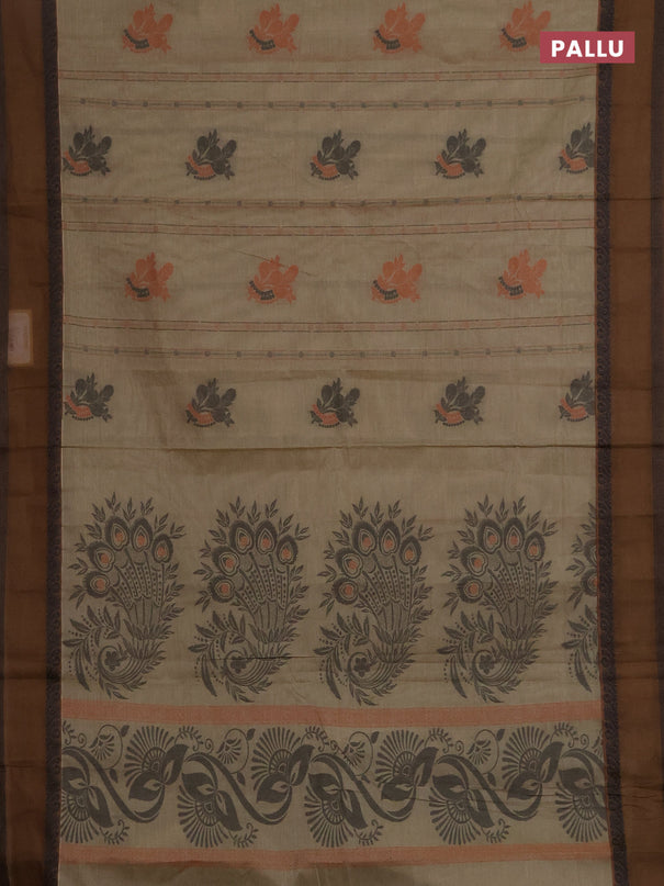 Nithyam cotton saree elaichi green and brown with allover thread woven stripes pattern & buttas and rettapet thread woven border