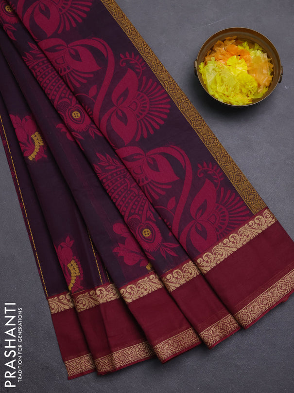 Nithyam cotton saree deep maroon and maroon with allover thread woven stripes pattern & buttas and rettapet thread woven border