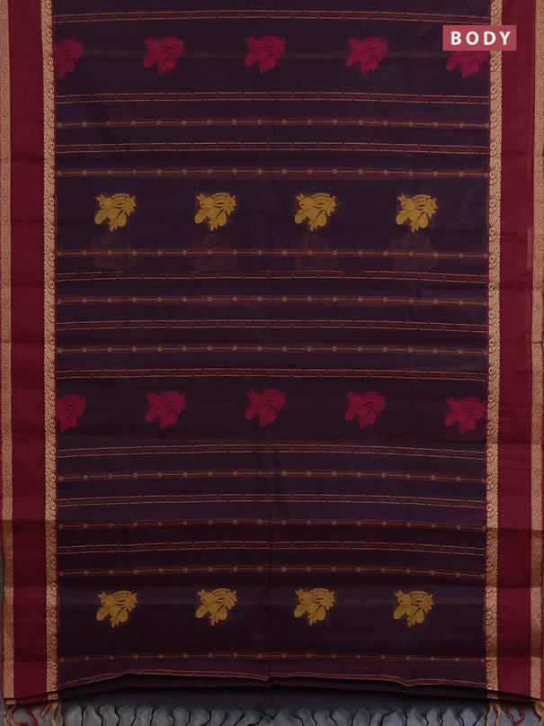 Nithyam cotton saree deep maroon and maroon with allover thread woven stripes pattern & buttas and rettapet thread woven border