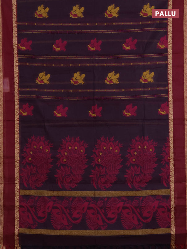 Nithyam cotton saree deep maroon and maroon with allover thread woven stripes pattern & buttas and rettapet thread woven border