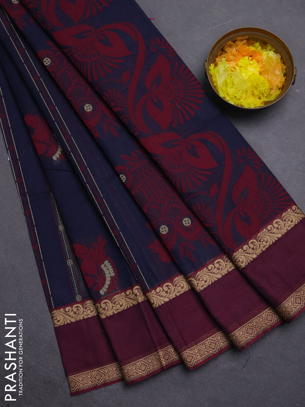 Nithyam cotton saree navy blue and maroon with allover thread woven stripes pattern & buttas and rettapet thread woven border
