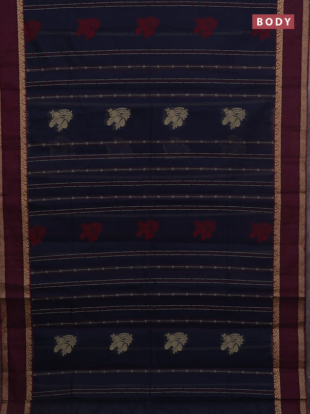 Nithyam cotton saree navy blue and maroon with allover thread woven stripes pattern & buttas and rettapet thread woven border