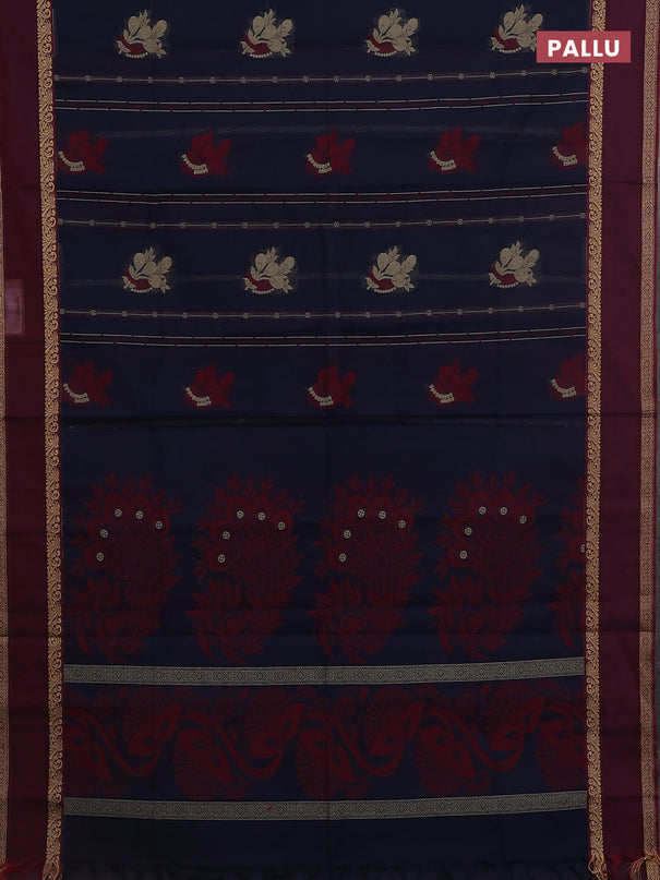 Nithyam cotton saree navy blue and maroon with allover thread woven stripes pattern & buttas and rettapet thread woven border