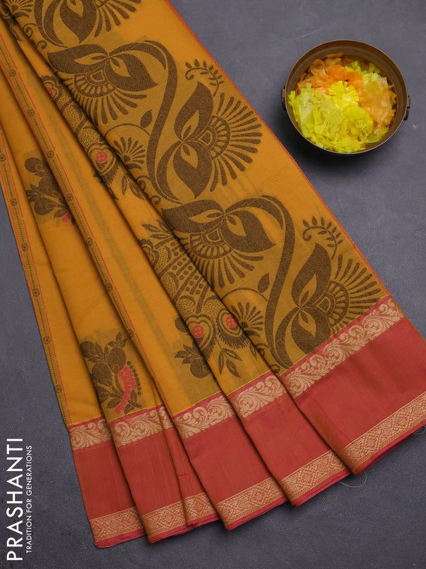 Nithyam cotton saree yellow and pink with allover thread woven stripes pattern & buttas and rettapet thread woven border