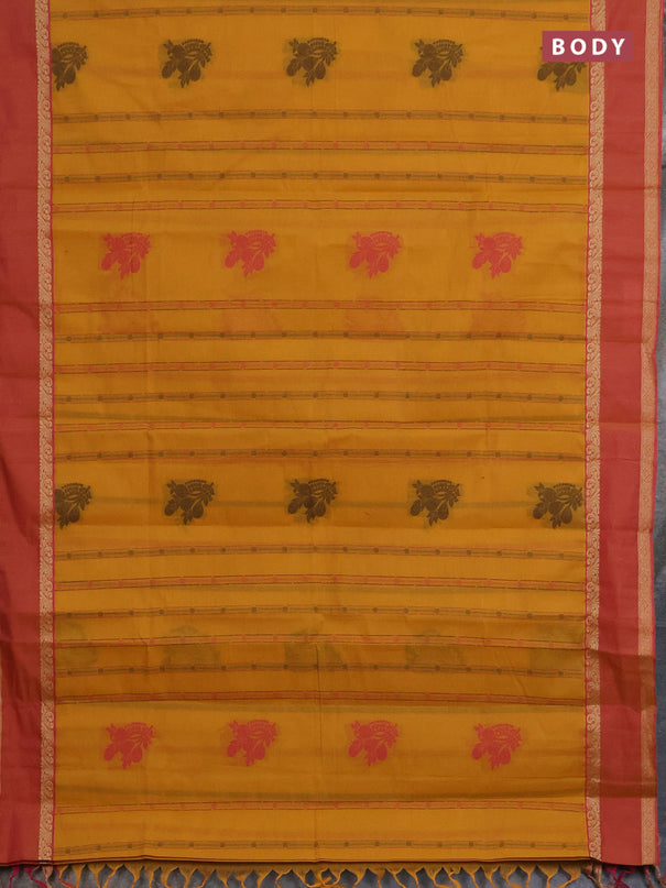 Nithyam cotton saree yellow and pink with allover thread woven stripes pattern & buttas and rettapet thread woven border