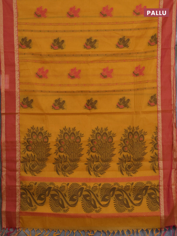 Nithyam cotton saree yellow and pink with allover thread woven stripes pattern & buttas and rettapet thread woven border