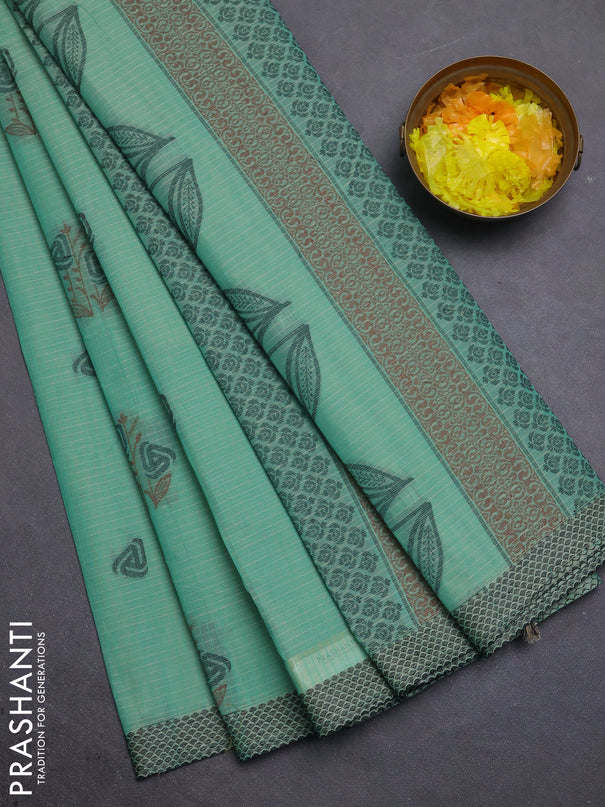 Nithyam cotton saree teal green with allover checks pattern & buttas and thread woven border