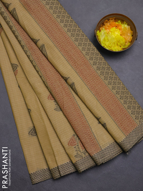 Nithyam cotton saree beige with allover checks pattern & buttas and thread woven border